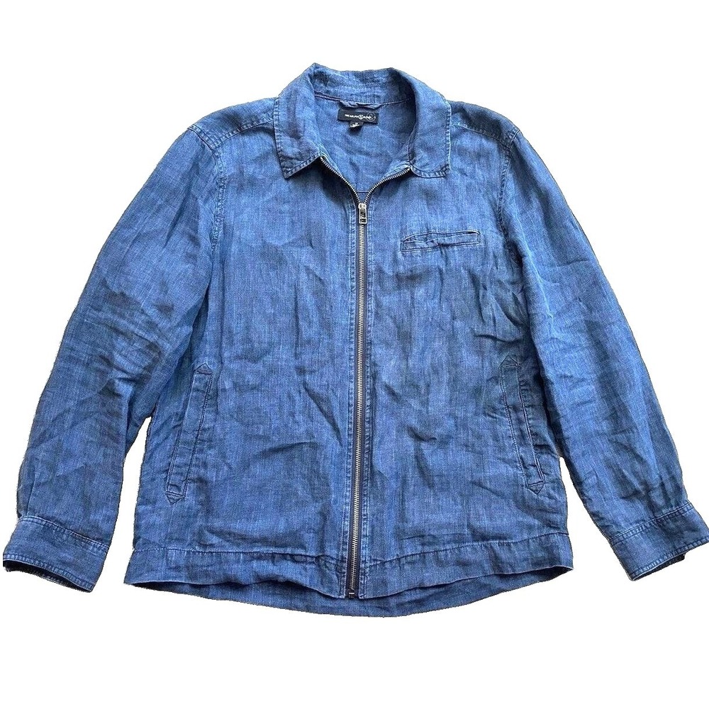Vtg Treasure Bond 100% Linen Full Zip Harrington Jacket Men Medium Navy Blue